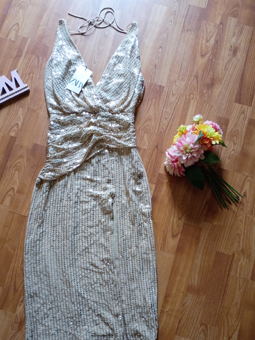 Zara Champagne Sequin Strapless Wrap-Front Dress